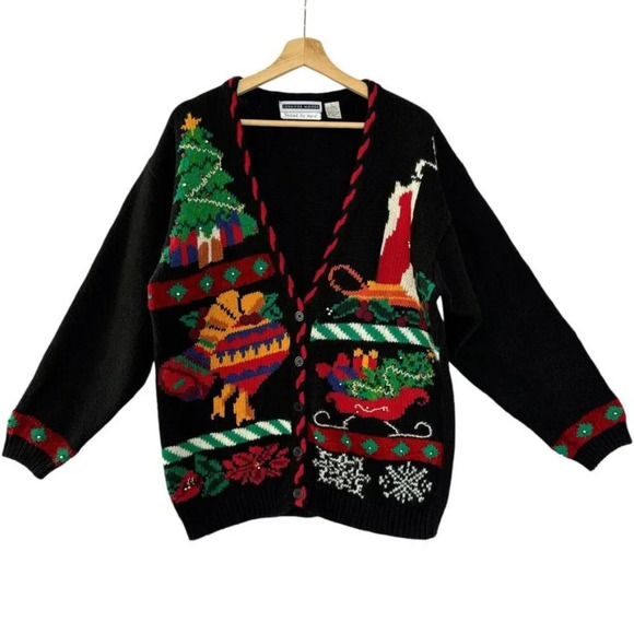 Jennifer MooreV Neck Beaded Novelty Christmas Cardigan Sweater Size Large - Picture 1 of 12